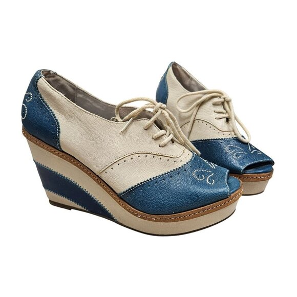 Anthropologie Pilcro Letterpress Leather Peep Toe Brighton Oxford Wedges Retro 8 - Picture 1 of 14